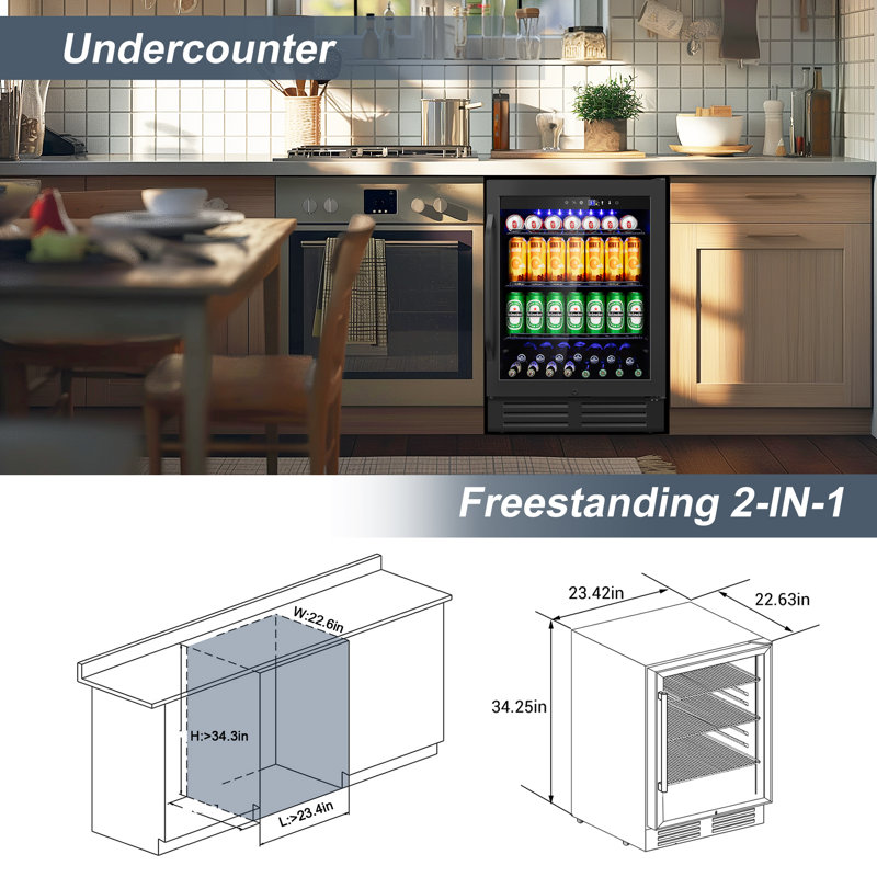 24-inch 210 Can Freestanding/Built-in Beverage Cooler - Energy Efficient, Quiet, Home Bar Fridge with Safety Lock, Black