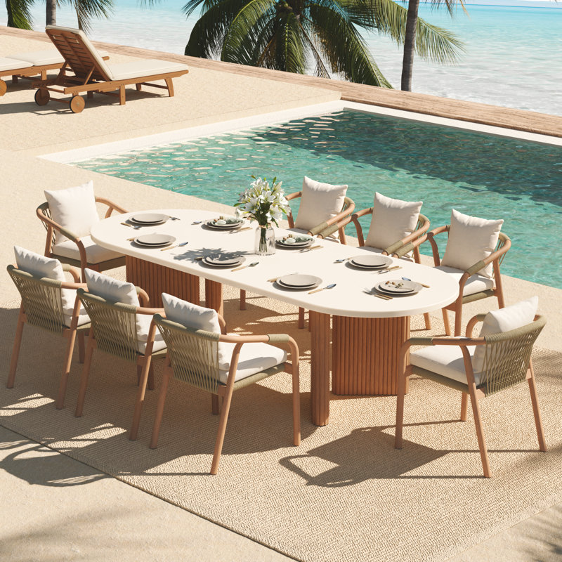 Ensemble de salle à manger 9 pièces avec 8 chaises en eucalyptus, Cream, 8