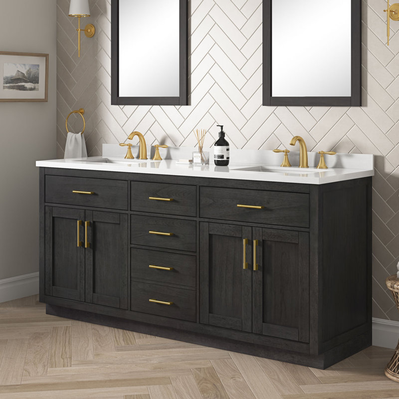 Meuble-lavabo double 72 po avec comptoir de qualité supérieure OVE Decors Bailey, Doré, Bois noir mat