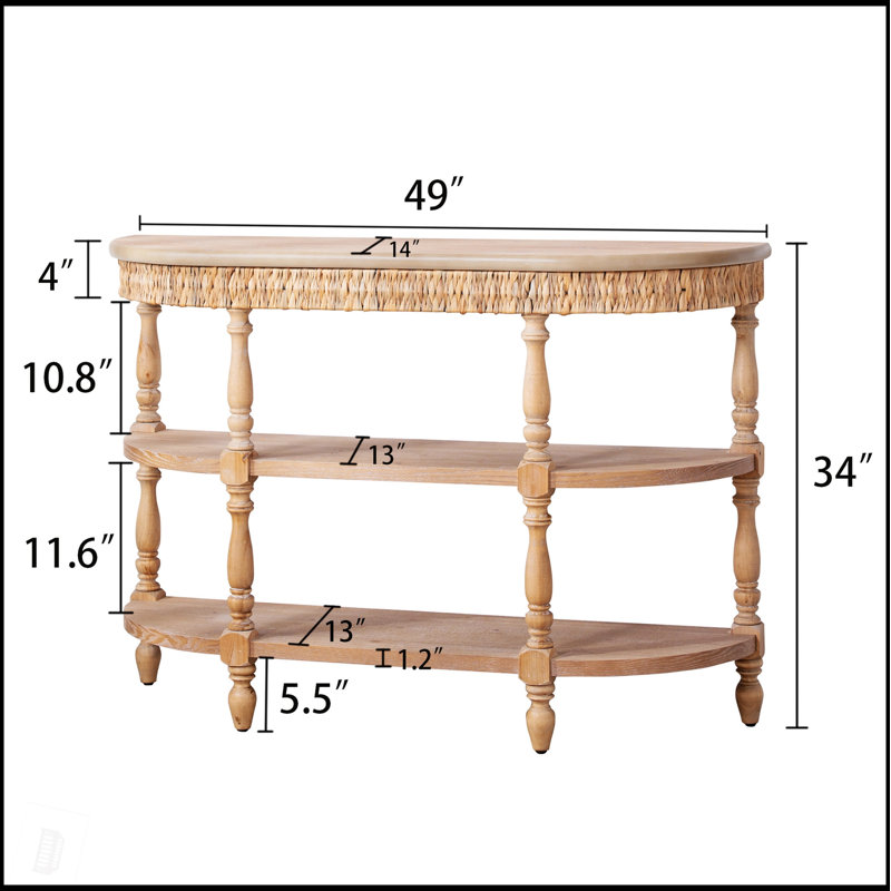 Console en bois fabriquée à la main avec garniture tissée à la main, tablettes de rangement à 3 niveaux, table d'entrée ovale avec pieds sculptés, table d'appoint rustique Coastal Farmhouse, table de canapé d'entrée de 49 pouces