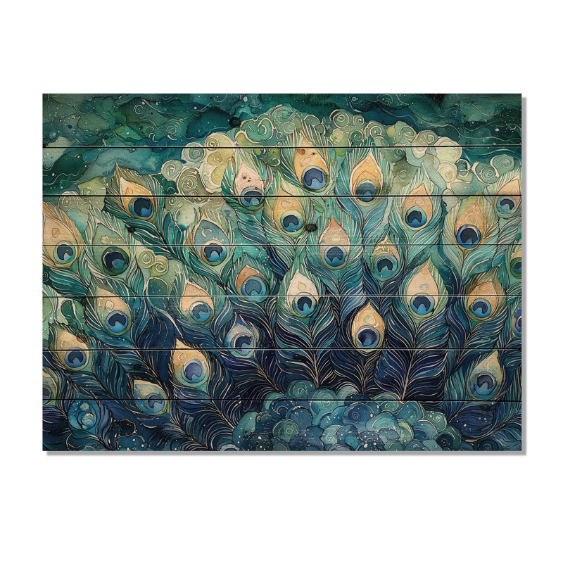 Collage de plumes de paon bleu et vert III - Art mural en bois oiseau - sur bois de pin naturel, H 10 po x l 20 po