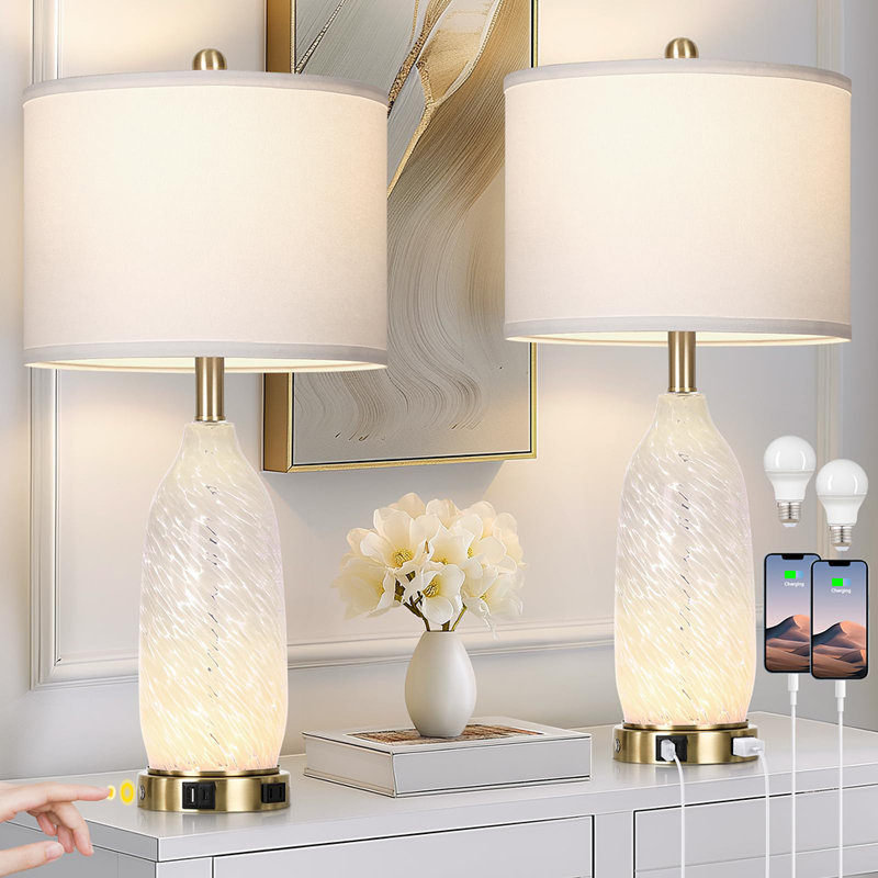 Ensemble de lampe de table moderne en verre de 26 pouces (2 pièces), lampe de table de chevet, avec USB A + C et prise CA, veilleuse à contrôle tactile à trois niveaux, ampoule incluse