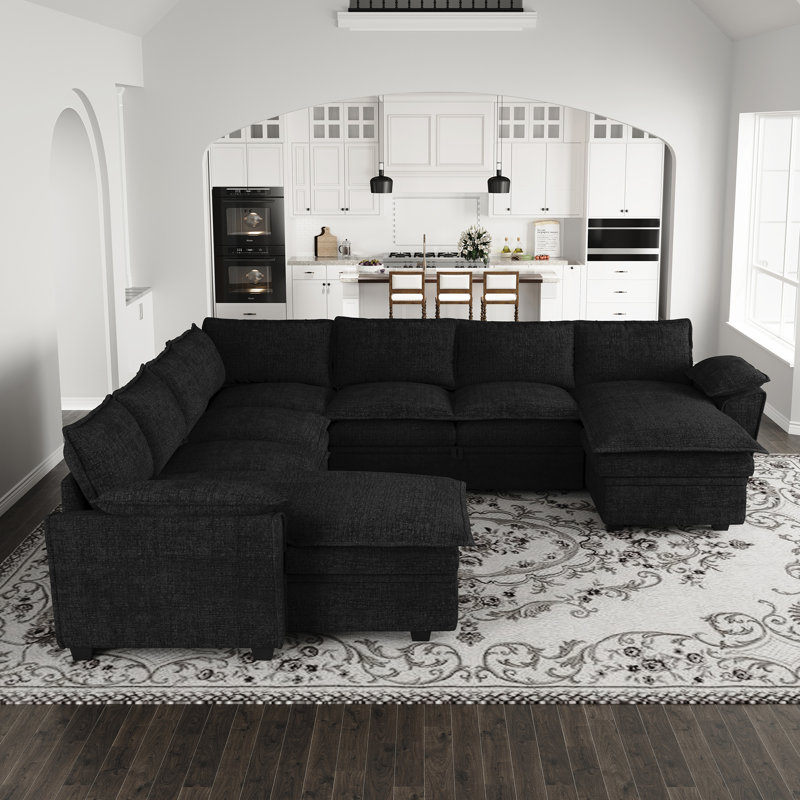 Luna Large Chenille U-Shaped Sofa Convertible Sectional King Pull Out Bed Sleeper Livingroom Apartment Storage Seat Corner Couch