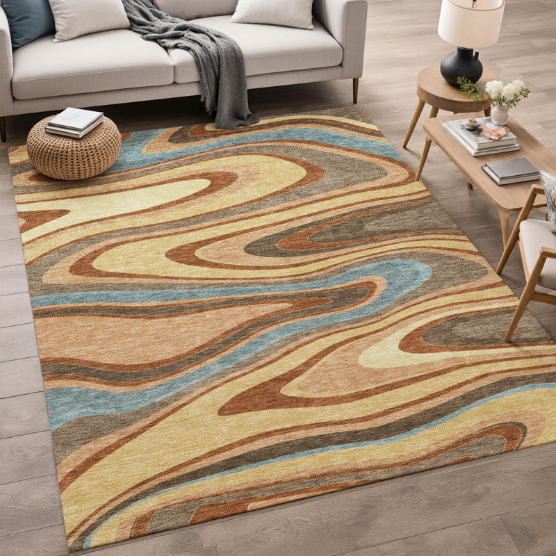 Tapis abstrait lavable à la machine intérieur / extérieur ACN2494, Doré, 10 pi x 14 pi