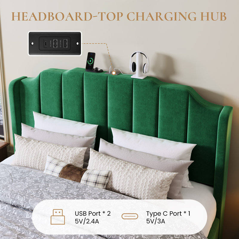 Modern Velvet Wingback Platform Bed With Charging Station - Curved Upholstered Headboard, No Box Spring Needed, Hunter Green