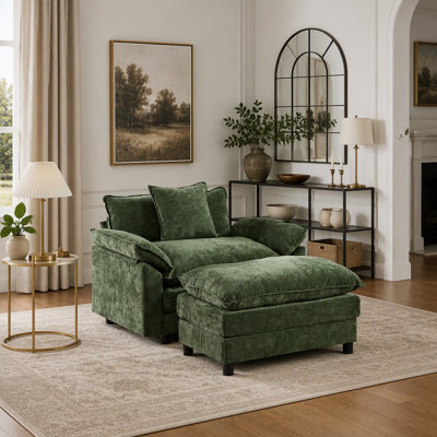 Fauteuil d'appoint rembourré en chenille 44,5 po avec repose-pieds 44,5 po, fauteuil de lecture pour chambre à coucher, chenille verte