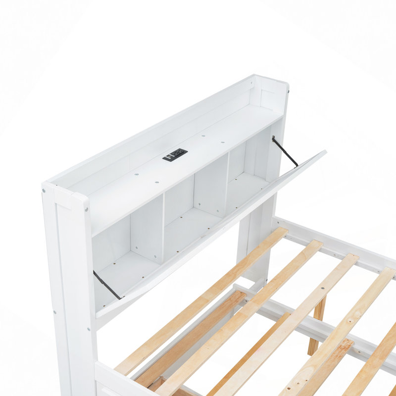 Lit, lit en bois avec tête de lit avec prises de courant, lit extensible avec lit gigogne et trois tiroirs de rangement