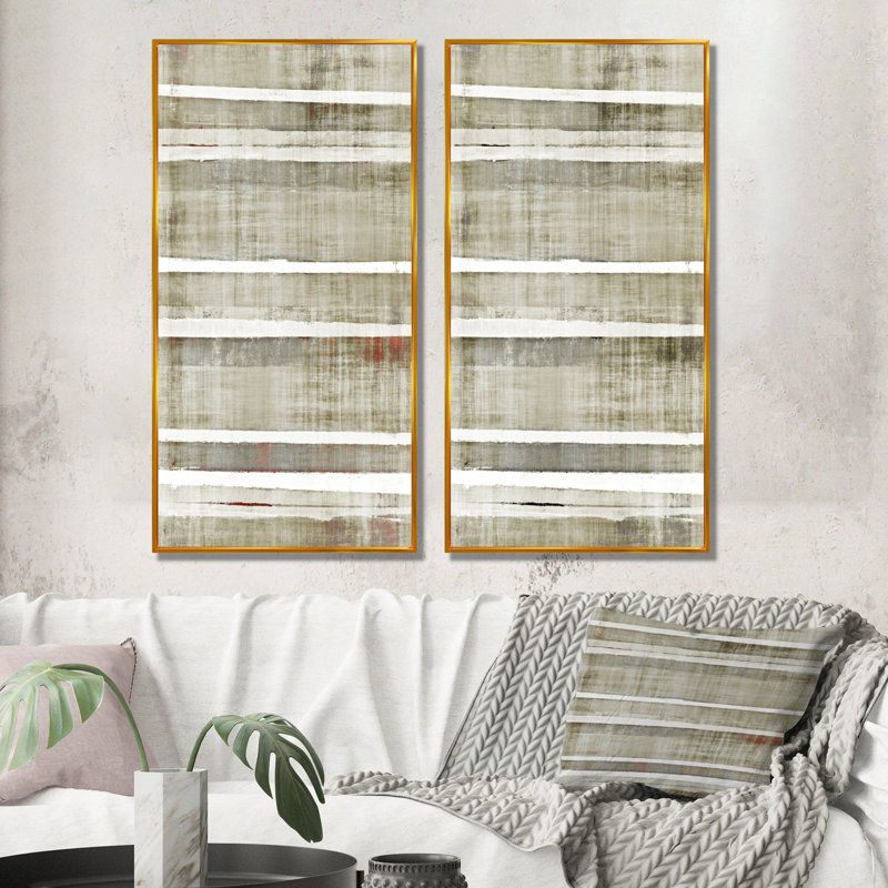 «Teal Meets Beige Abstract Stripes», ensemble de 2 impressions sur toile, H 40 po x l 40 po x P 1 po, Cadre flottant doré