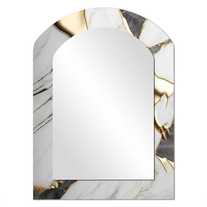 Abstract Geode Marble White And Gold I - Marble Asymmetrical Large Mirror, Modern Arch Decorative Wall Mirror, Printed Metal Art