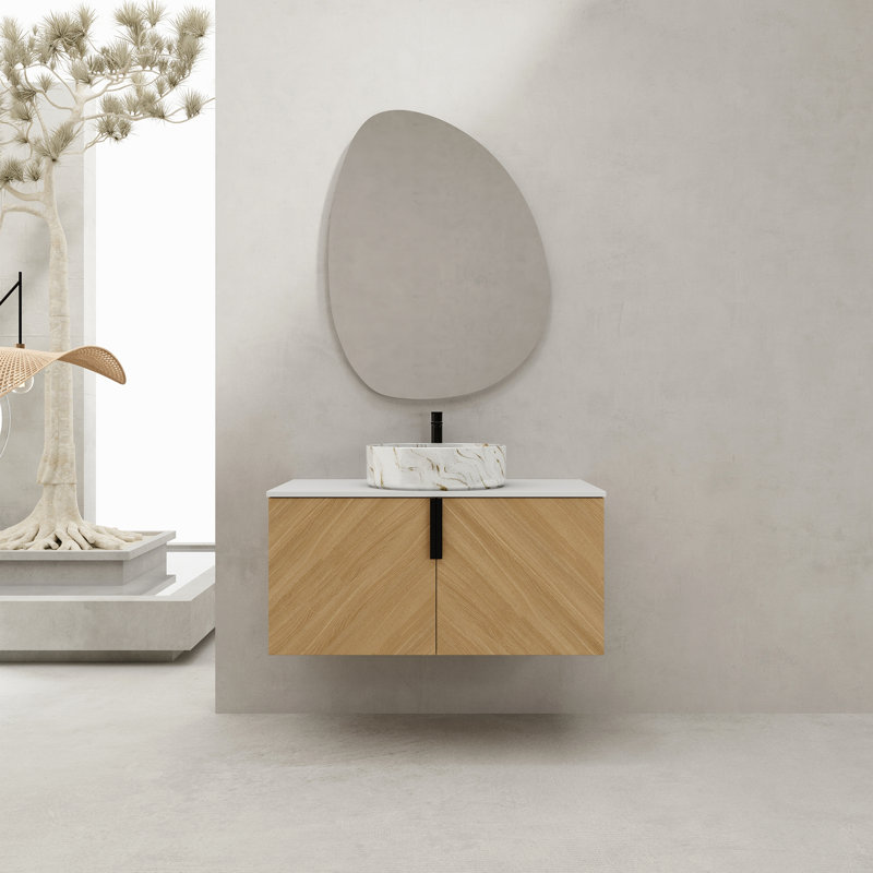 Meuble-lavabo 36 po avec lavabo d'art en céramique et dalle de pierre artificielle, porte à fermeture en douceur, 36"