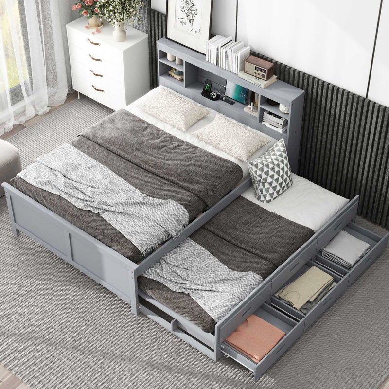 Lit plateforme gris avec rangement pour tête de lit, 3 tiroirs, lit gigogne simple et tête de lit et tiroirs pour un sommeil confortable