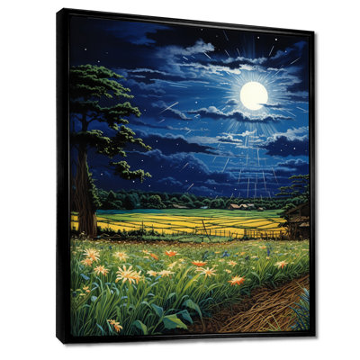 «Moonlight Magic Over Blossoming Green Fields», impression d'art mural de ferme