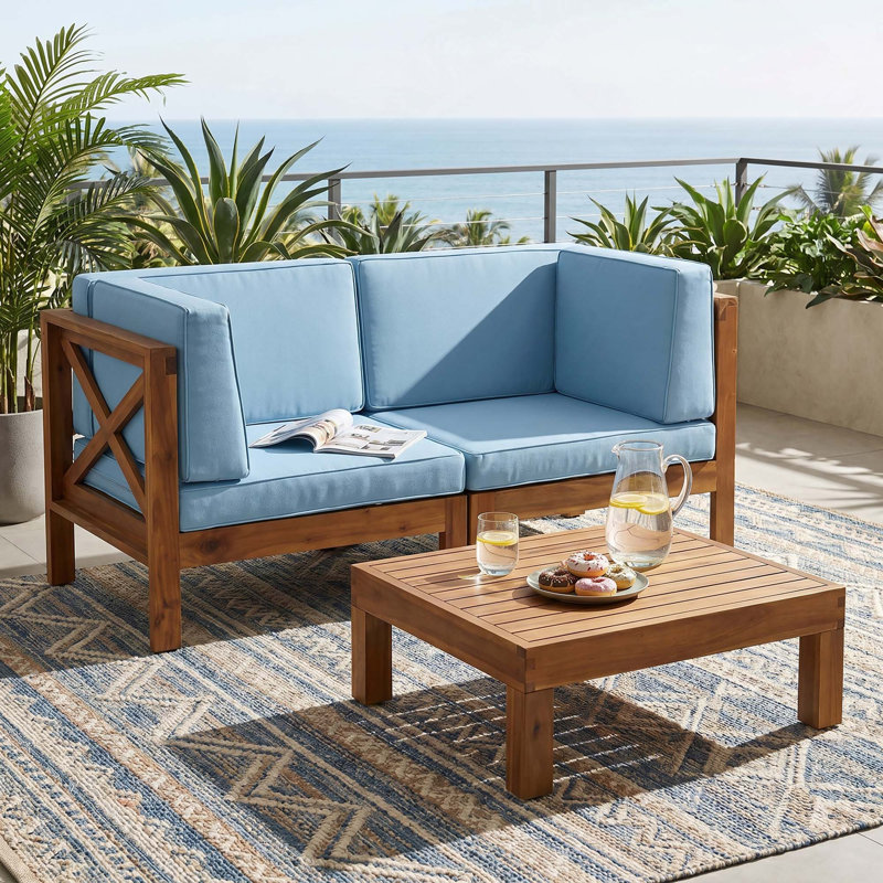 Ensemble de conversation pour causeuse d'extérieur en bois 2 places avec 1 table, Blue Cushion/Natural Frame