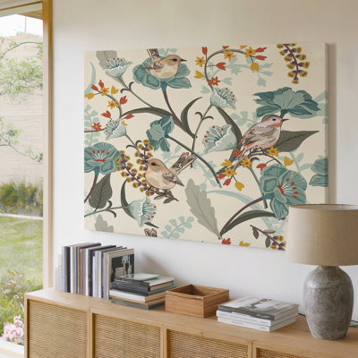 Bird And Floral Blue Green Orange Nature Botanical Decor Canvas Wall Art Print For Living Room, Bedroom, Office, Hallway, Entryway, Gallery Wall And Modern Home Decor