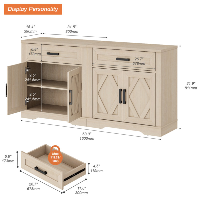 Glenford 63"W Large Modern Farmhouse Office Storage Cabinet With Barn Doors & Drawers, Scratch-Resistant Tree Bark Finish