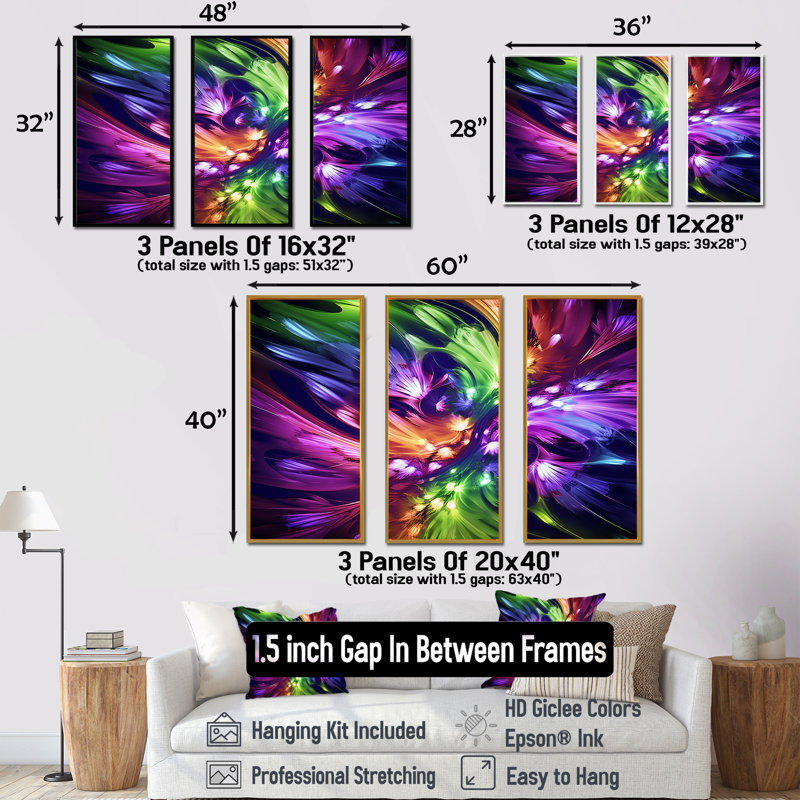 Mauve et vert fractal Fusion IV - impression d'art mural fractal, Cadre flottant doré, H 40 po x l 61 po x P 1 po