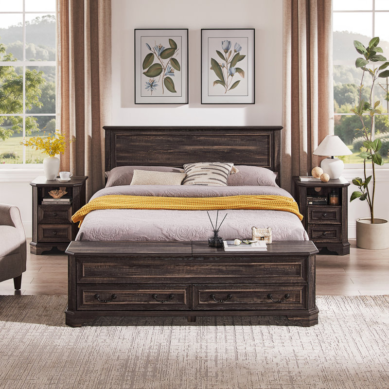 Farmhouse Queen Bed With 64" Tall Storage Headboard With 4 Drawers And Storage Bench，rustic Wood Platform Bed Frame, Queen