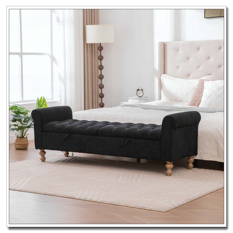 Banc de rangement rembourré moderne de 65,75 po de largeur avec double couvercle, Noir