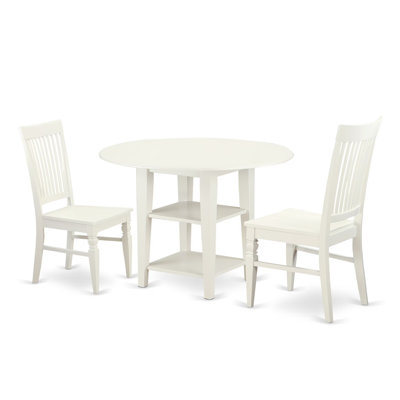 L'ensemble de 3 tables de salle à manger modernes comprend une table ronde en bois avec Dropleaf et des tablettes et 2 chaises de salle à manger, lin blanc