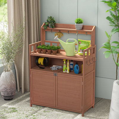 Banc de rempotage pour l'extérieur, table de jardinage pour l'extérieur, jardin en bois, poste de travail, bancs de travail avec grande armoire de rangement et tablette supérieure pour le patio