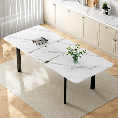 78,7 po Table de salle à manger rectangulaire blanche extensible moderne pour 6 à 8 personnes avec pieds en métal noir