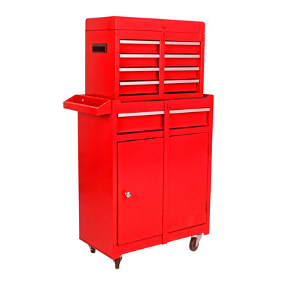 Coffre de rangement pour 5 outils avec roulettes verrouillables, plateau amovible et tablette réglable - Organisateur de garage atelier rouge