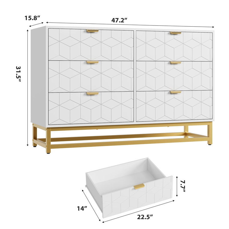 Spacious 6 Drawer Entryway Storage Cabinet – Modern Wide Chest with Gold Metal Handles & Legs – Versatile Organizer for Bedroom, Closet, Living Room, Hallway – White Finish