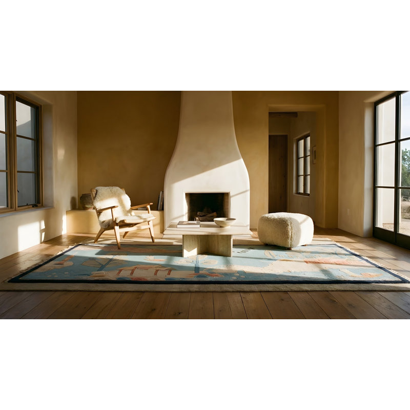 Tapis bleu antique en laine Art Deco
