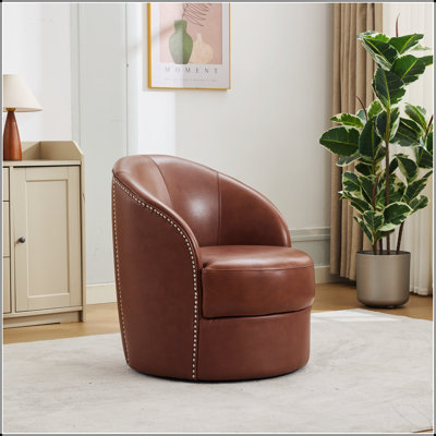 Fauteuil d'appoint pivotant en cuir à grain supérieur avec rotation à 360 °, design Mid-Century moderne pour le salon et le bureau