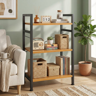 Industrial Metal & Wood Storage Shelf, Freestanding Open Shelving Unit For Living Room, Kitchen, Office, Heavy Duty Utility Rack For Books, Plants, Decor