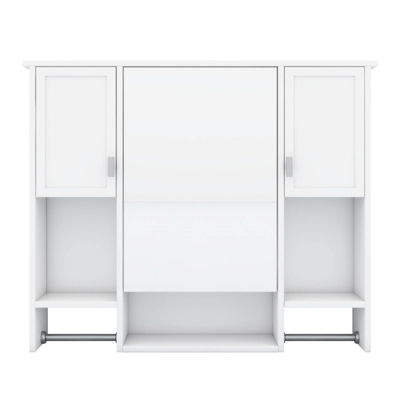 Armoire de rangement murale pour salle de bain avec miroir Armoire à pharmacie moderne avec tablettes ouvertes et cachées et porte-serviettes double