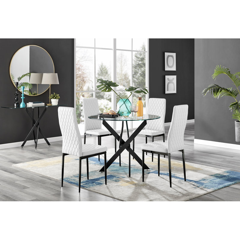 Tierra Modern Chrome Metal & Glass Round Dining Table Set with 4 Quilted Faux Leather Chairs, White