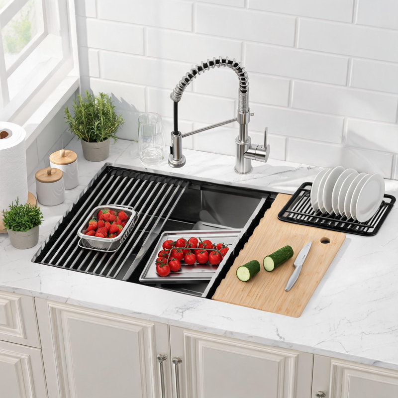 Évier de cuisine encastré à une cuve en acier inoxydable noir de 84 cm (33 pouces) avec planche à découper et passoire.