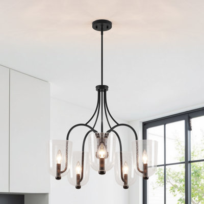Lustre noir 5 lumières avec abat-jour en verre bullé