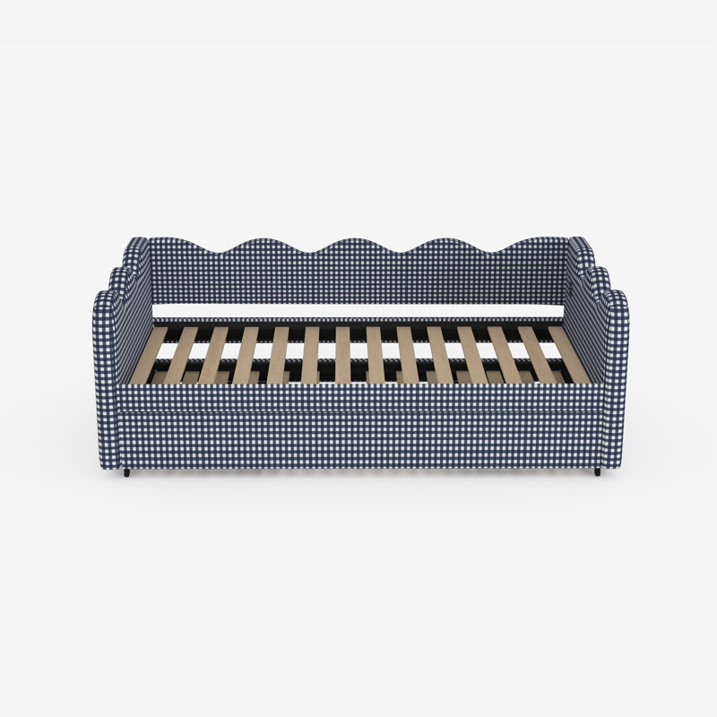 Lit convertible en 1, port USB, structure en bois et métal, chambre d'amis à carreaux bleus
