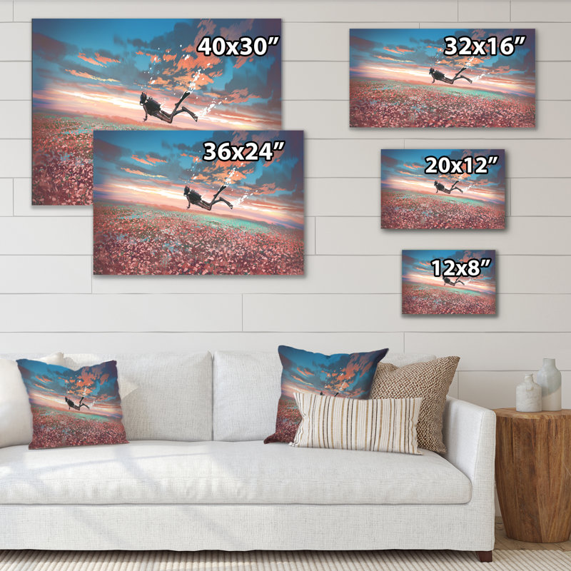 Jeu vidéo surréel scène plongeur flottant - peinture sur toile, H 8 po x l 12 po x P 1 po, Toile tendue
