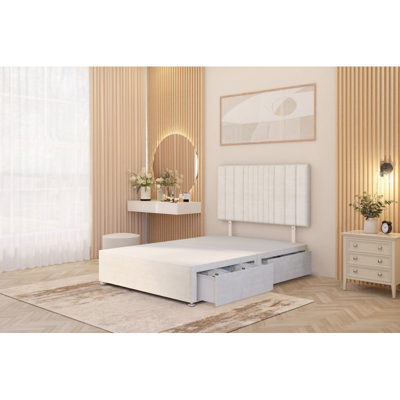 Alyssa Velvet Divan Bed Set Sprung Memory Foam Mattress & Headboard with Drawers, Single (3'), Ivory, 2 Draw