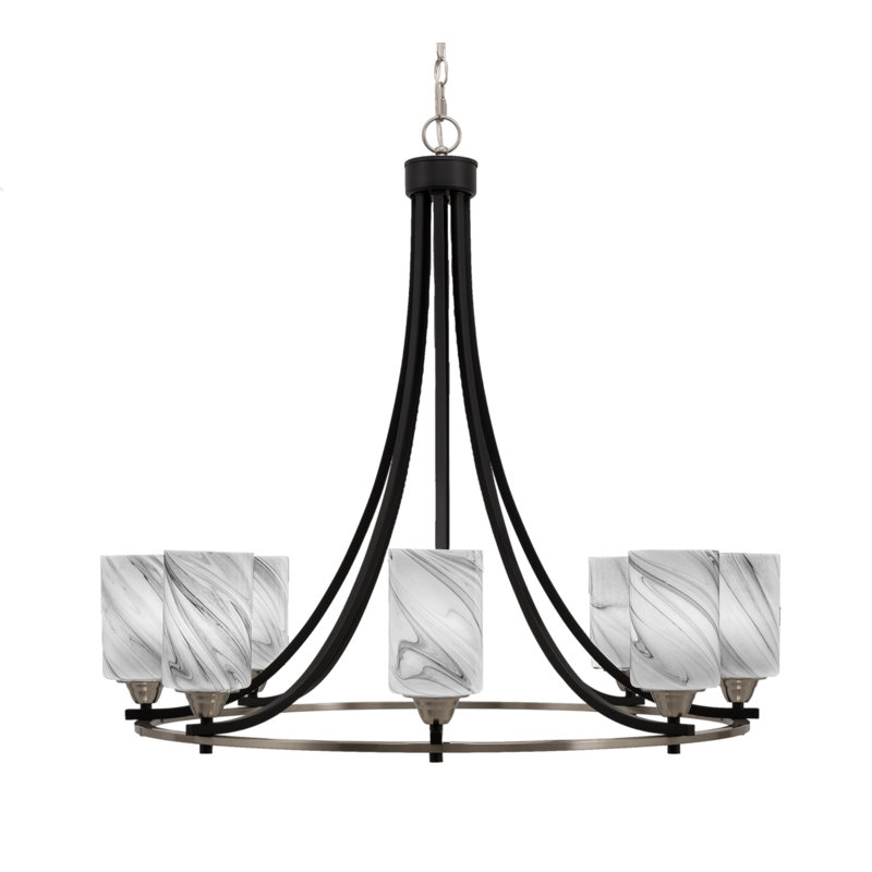 Lustre 8 lumières Paramount illustré en noir mat et finition nickel brossé avec verre tourbillon onyx de 4 po