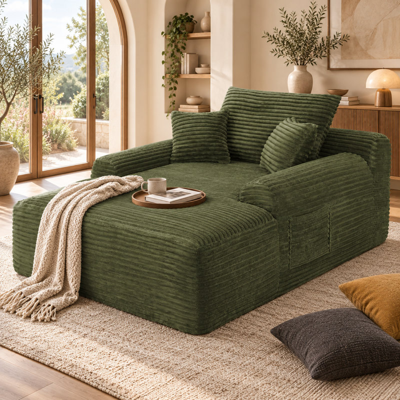 Canapé-lit convertible en tissu pelucheux, sans dossier, avec méridienne, larges accoudoirs et coussins décoratifs. Aucun assemblage requis. Parfait pour le salon ou la chambre. Vert.
