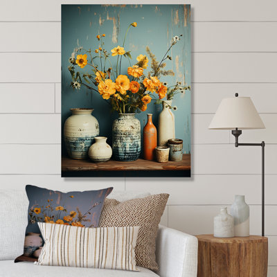 Art floral mural, poterie rétro jaune