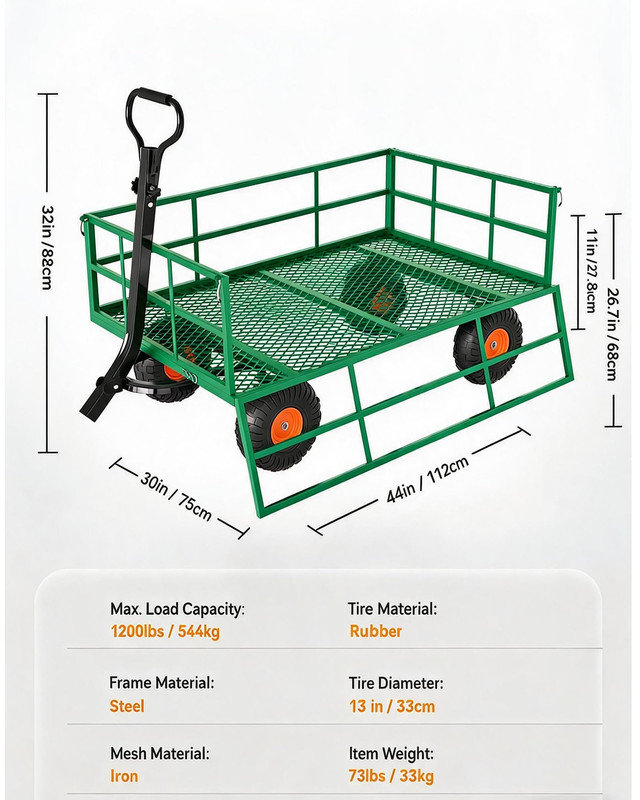 Chariot de jardin tout-terrain en acier, capacité de 1200 lb avec poignée rotative, Green/Orange/Black