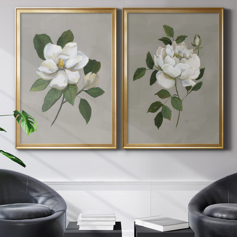 Magnolia botanique - ensemble de 2 reproductions d'art, Toile encadrée dorée, Pas de tapis, H 26,5 po x l 73 po x P 1,5 po