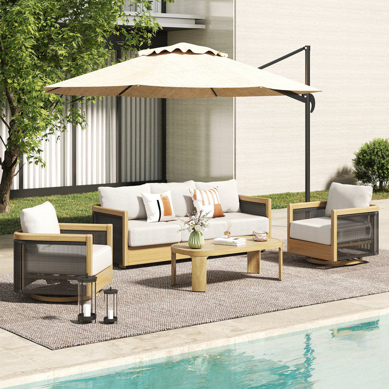 Ensemble de conversation pour patio en corde de bois tissé à la main 4 pièces avec chaises pivotantes, coussins beiges et table basse Bludov