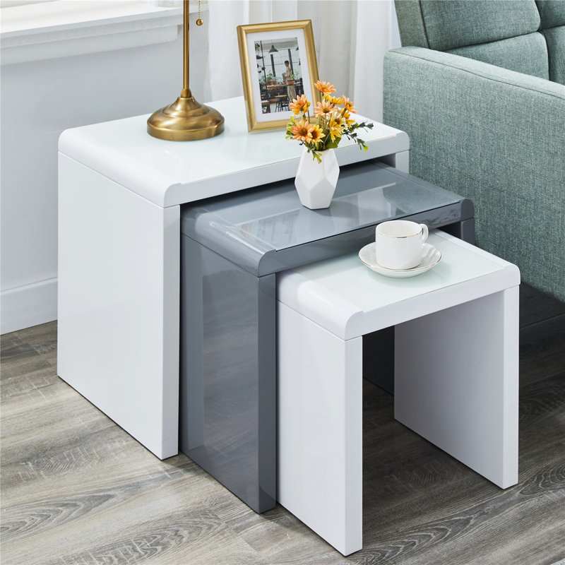 Beula 3 - Piece Stackable Living Room Center Table Nesting Table Set With Tempered Glass Top, White & Grey