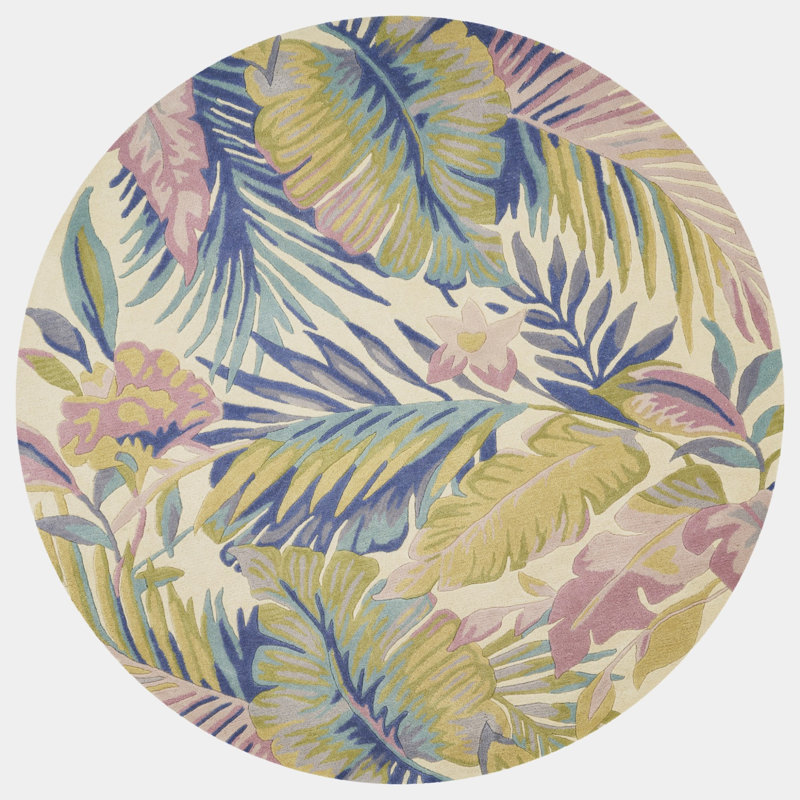 Tapis vert / rose en laine touffeté à la main Remington, Rond 5 pi 6 po