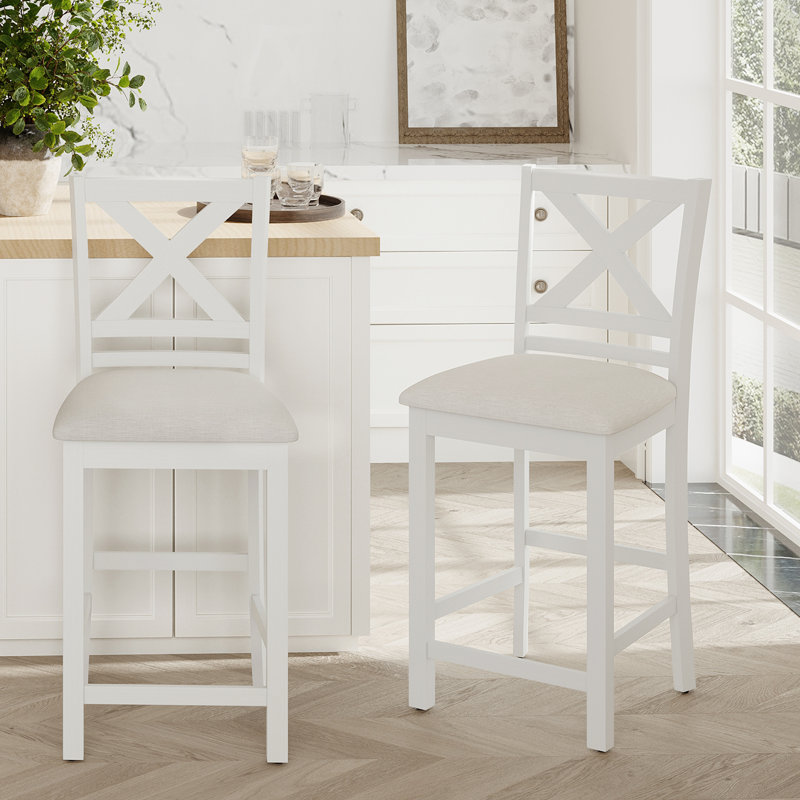 Tabouret de bar rembourré de 26 po en bois massif, Beige, Blanc