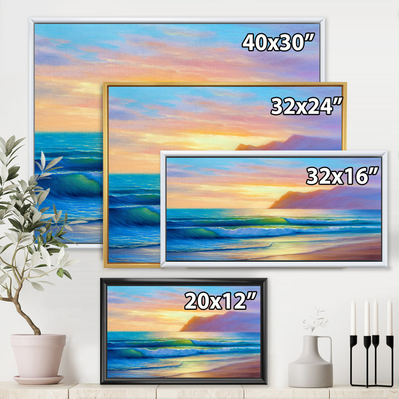 «Morning Sunlight On The Sea Waves IV», peinture sur toile, H 24 po x l 32 po x P 1 po, Cadre flottant noir