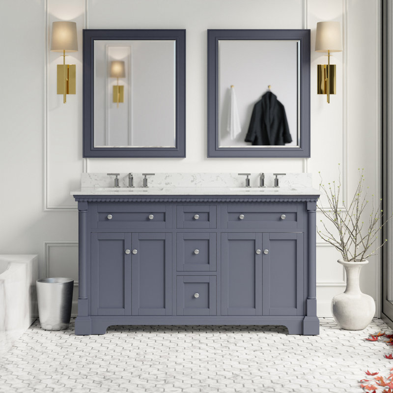 Fossen 60" Double Bathroom Vanity Set with Marine Gray Cabinet and Engineered Marble Countertop, Marine Gray