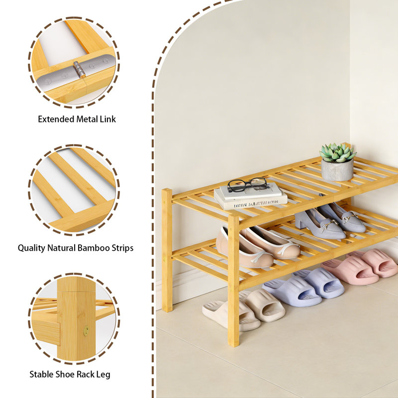 Bamboo Stackable Shoe Rack – Natural Wood Entryway Storage Organizer, 13" H x 27" W x 11" D