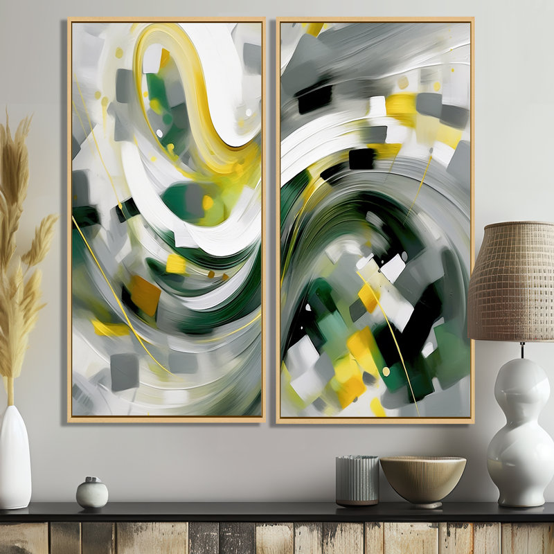 «Yellow and Green Abstracted Perspectives I», art mural moderne à 2 panneaux, 40" H x 40" W, Impression encadrée flottante